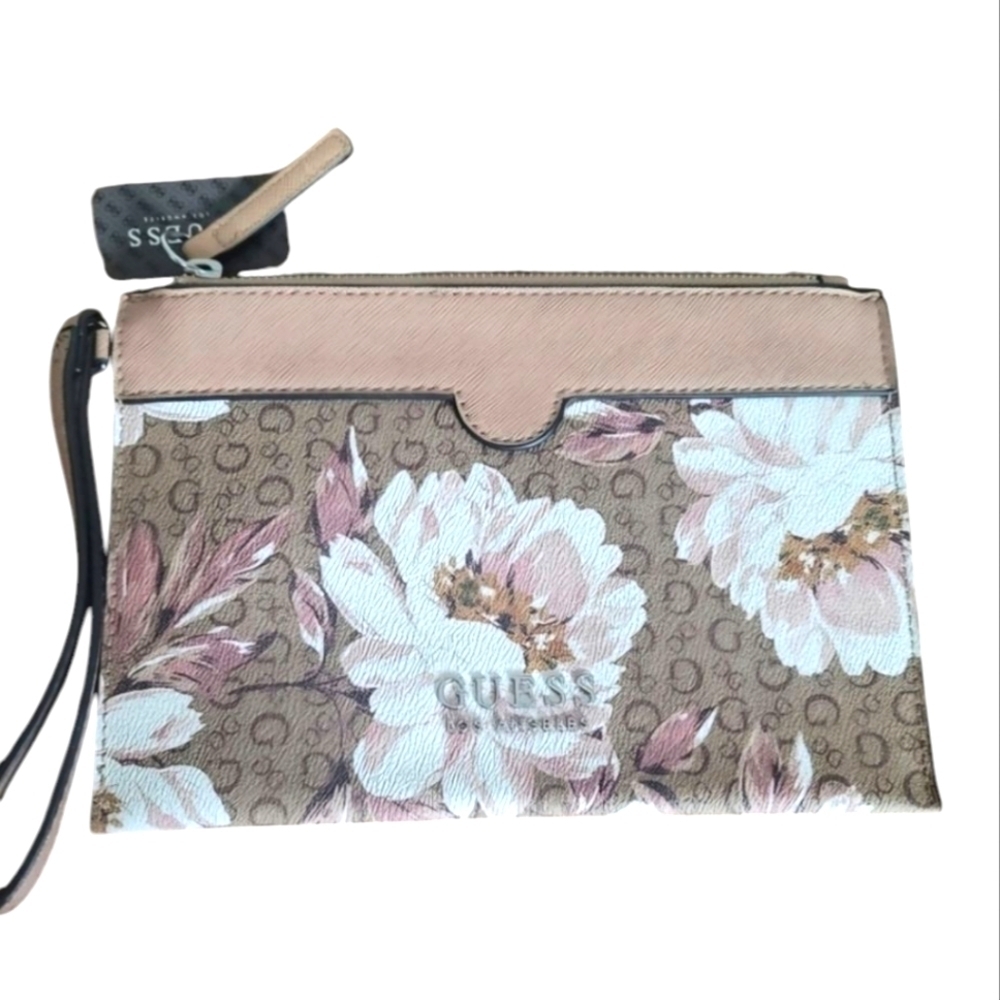 Wristlet Guess Purse Handbag Mocha Floral White Cosmetic Makeup Grab N Go